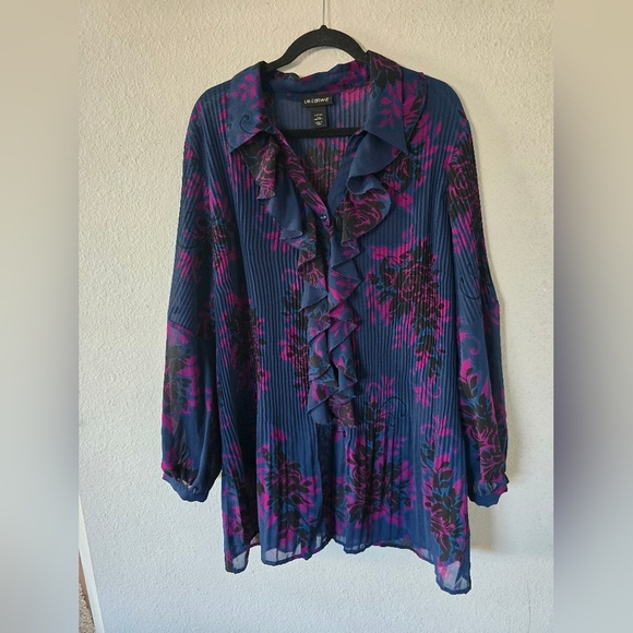 LANE BRYANT Tunic Women 22/24 Mixed Print Sheer Blouse Pleated Ruffles - Picture 2 of 12